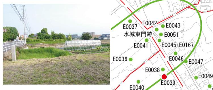 「水城」銘墨書土器発見場所風景と位置図