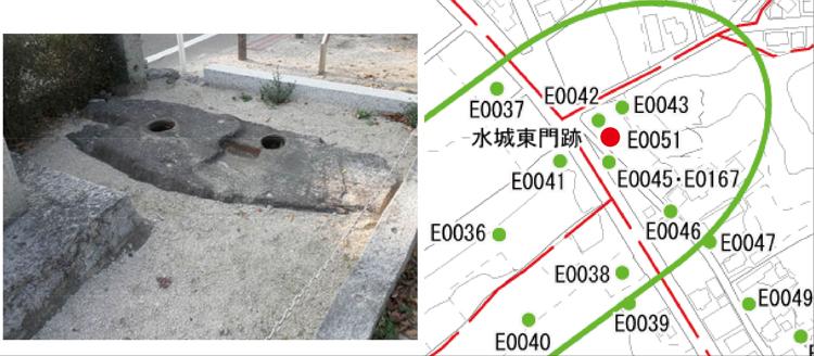 水城東門の礎石の画像と位置図