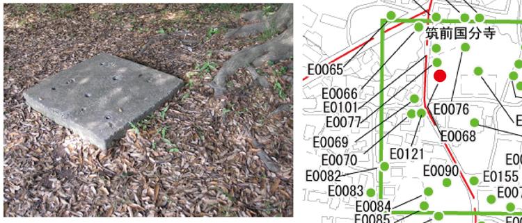 国分寺西側公道の土堤にあるコンクリートの枡の画像と位置図