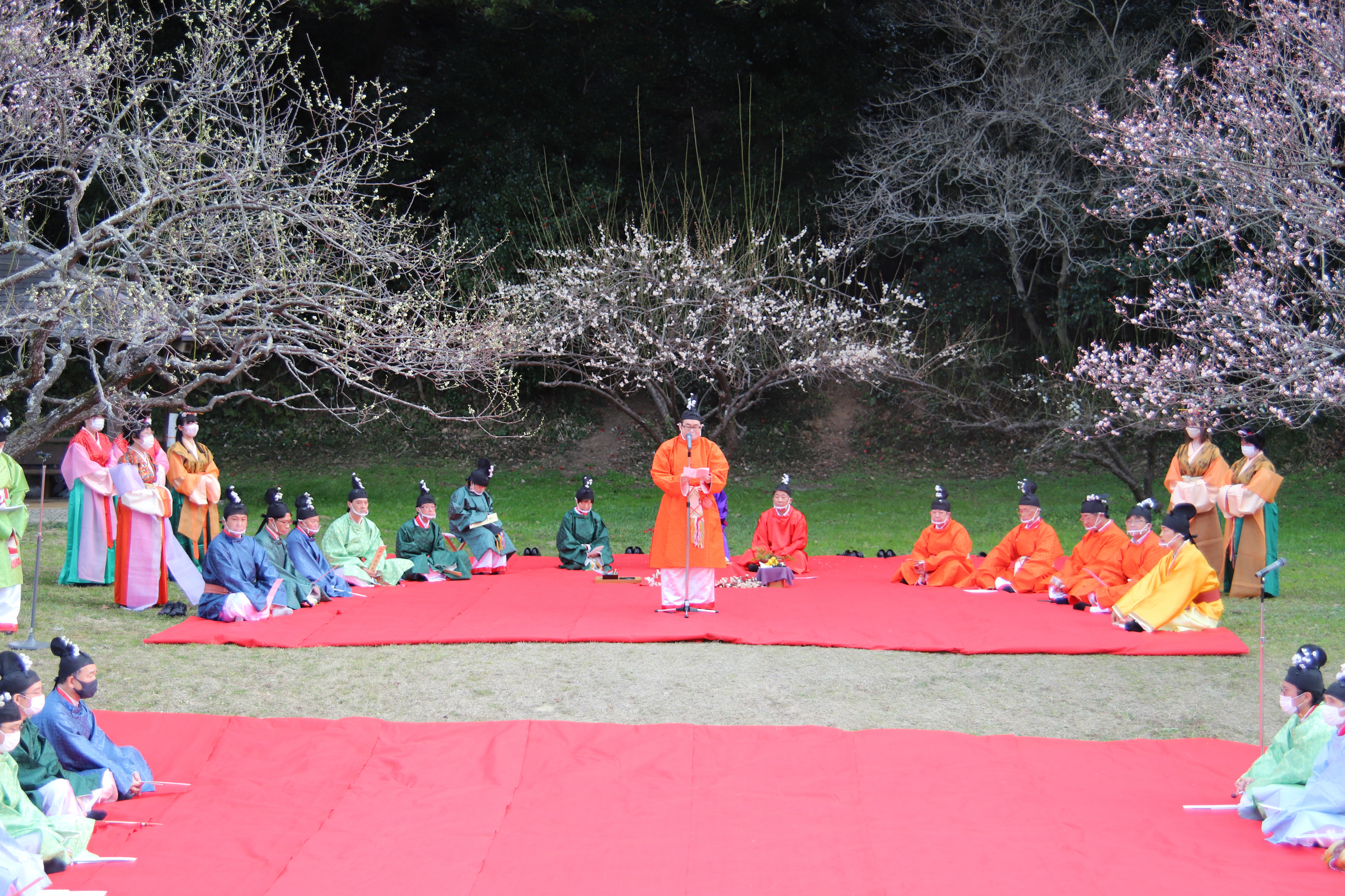 大宰府政庁跡で行われた梅花の宴（再現）の写真