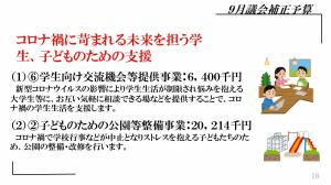 コロナ禍に苛まれる未来を担う学生、子どものための支援。学生向け交流機会等提供事業：640万円、子どものための公園等整備事業：2021万4千円