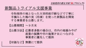 新製品トライアル支援事。令和発祥の地となった大宰府政庁跡などで丁寧に手摘みした梅の実（冷凍）を使った新製品を開発する事業者を公募します。