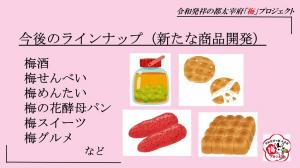 今後のラインナップ（新たな商品開発）梅酒、梅せんべい、梅めんたい、梅の花酵母パン、梅スイーツ、梅グルメなど