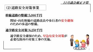 ２．道路安全対策事業　幹線道路の整備：5,986千円　関屋・向佐野線の道路改良や歩行者の安全確保のための歩道の整備。通学路安全対策：6,250千円　通学路安全確保のため、早急な安全対策が必要な箇所の対策工事の実施。