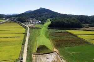 扶餘羅城の航空撮影写真。田園風景のなかの土塁が映っている。太宰府の水城とよく似ている。