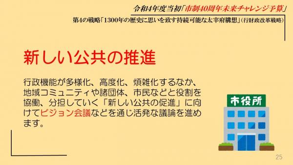 新しい公共の推進、行政機能が多様化、高度化、煩雑化するなか、地域コミュニティや諸団体、市民などと役割を協働、分担していく「新しい公共の促進」に向けてビジョン会議などを通じ活発な議論を進めます