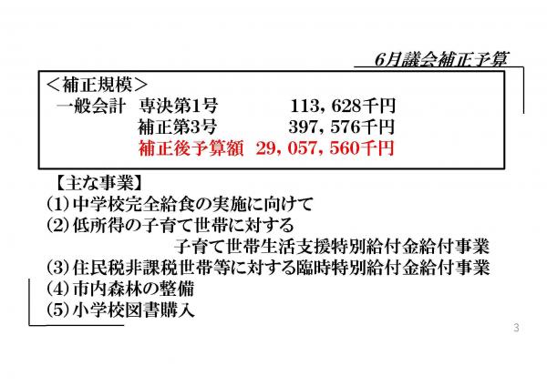 補正規模、一般会計専決第1号113,628千円、補正第3号397,576千円、主な事業、（1）中学校完全給食の実施に向けて、（2）低所得の子育て世帯に対する子育て世帯生活支援特別給付金給付事業、（3）住民税非課税世帯等に対する臨時特別給付金給付事業ほか