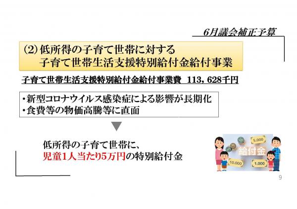 低所得の子育て世帯に対する子育て世帯生活支援特別給付金給付事業、子育て世帯生活支援特別給付金給付事業費113,628千円、新型コロナウイルス感染症による影響が長期化、食費等の物価高騰等に直面、低所得の子育て世帯に児童１人当たり５万円の特別給付金