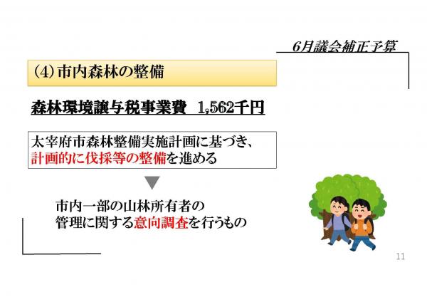 （4）市内森林の整備、森林環境譲与税事業費1,562千円、太宰府市森林整備実施計画に基づき計画的に伐採等の整備を進める、市内一部の山林所有者の管理に関する意向調査を行うもの