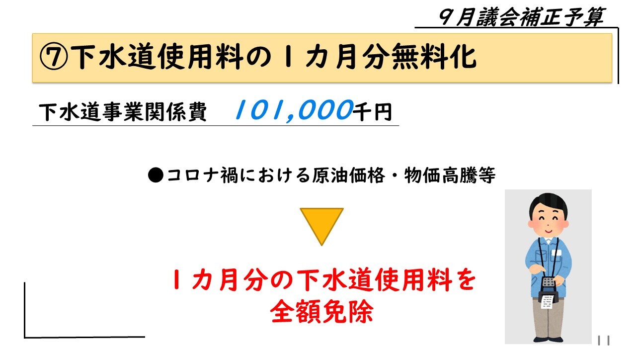 ⑦下水道使用料の1カ月分無料化　下水道事業関係費　101,000千円　コロナ禍における原油価格・物価高騰等　1カ月分の下水道使用料を全額免除