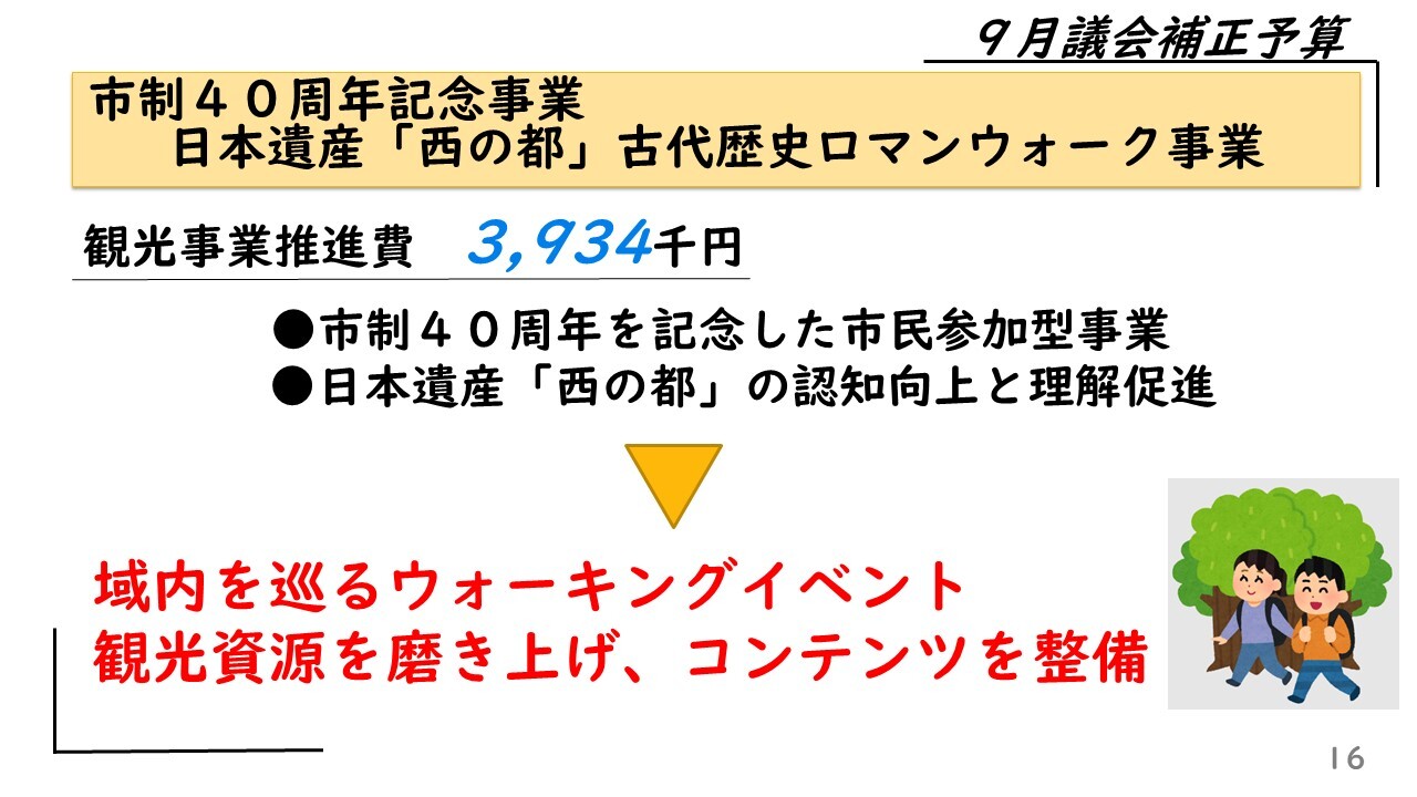 市制4０周年記念事業　日本遺産「西の都」古代歴史ロマンウォーク事業　観光事業推進費　3,934千円　市制4０周年を記念した市民参加型事業　日本遺産「西の都」の認知向上と理解促進　域内を巡るウォーキングイベント　観光資源を磨き上げ、コンテンツを整備