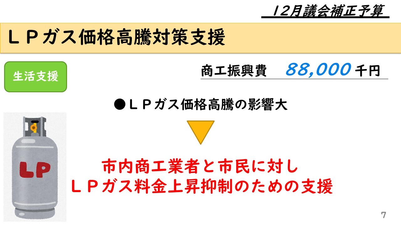 ＬＰガス価格高騰対策支援 生活支援　商工振興費　88,000 千円 ＬＰガス価格高騰の影響大 →市内商工業者と市民に対しＬＰガス料金上昇抑制のための支援