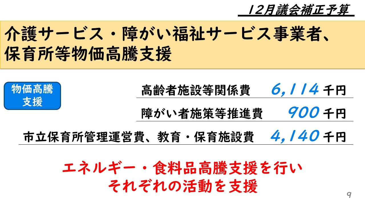 介護サービス・障がい福祉サービス事業者、保育所等物価高騰支援 物価高騰支援　高齢者施設等関係費 　6,114 千円 障がい者施策等推進費  　900 千円 市立保育所管理運営費、教育・保育施設費　4,140 千円 エネルギー・食料品高騰支援を行いそれぞれの