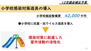 小学校感染対策遊具の導入 小学校施設整備費　42,000 千円 小学校に抗菌・抗ウイルス遊具を導入 →感染対策に配慮した屋外活動の活性化