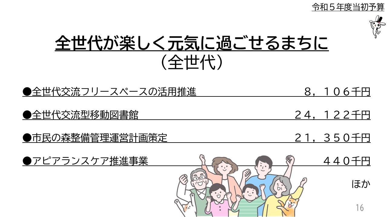 全世代が楽しく元気に過ごせるまちに（全世代）　全世代交流フリースペースの活用推進８，1０６千円、全世代交流型移動図書館24，122千円、市民の森整備管理運営計画策定21，3５０千円、アピアランスケア推進事業44０千円ほか