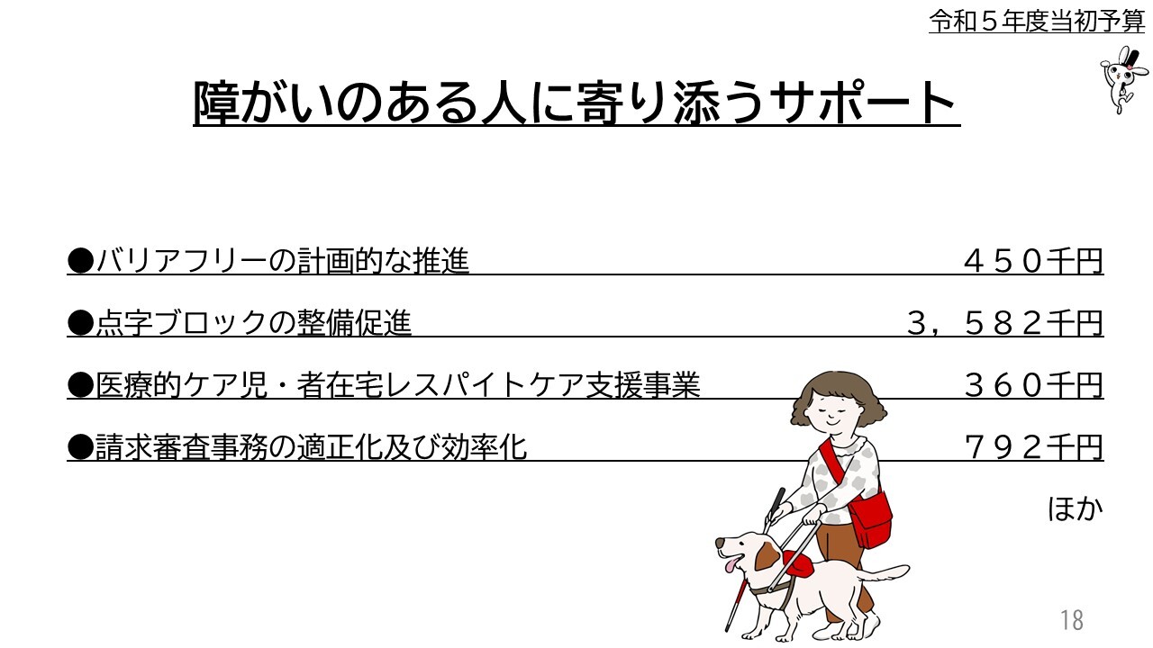 障がいのある人に寄り添うサポート　バリアフリーの計画的な推進4５０千円、点字ブロックの整備促進3，５８2千円、医療的ケア児・者在宅レスパイトケア支援事業3６０千円、請求審査事務の適正化及び効率化７９2千円ほか