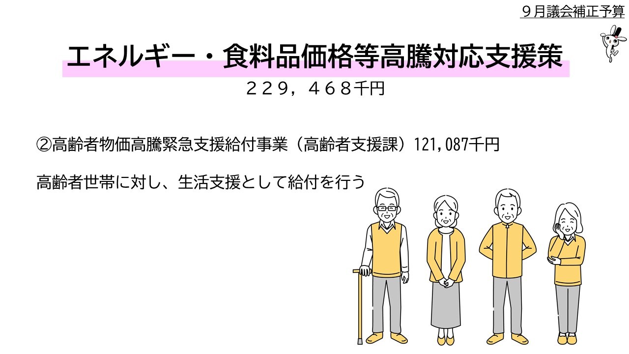 ２高齢者物価高騰緊急支援給付事業（高齢者支援課）1億2千百8万7千円。高齢者世帯に対し、生活支援として給付を行う