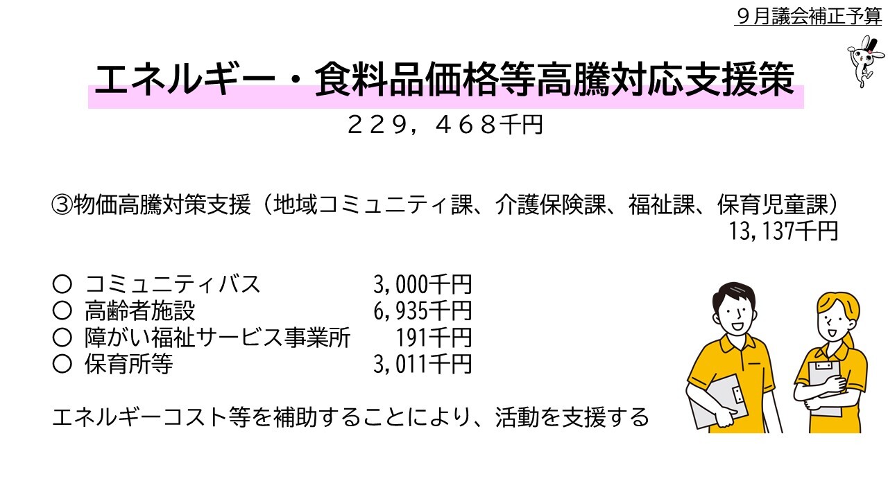 ３物価高騰対策支援（地域コミュニティ課、介護保険課、福祉課、保育児童課）1千3百十3万7千円。コミュニティバス3百万円 、他