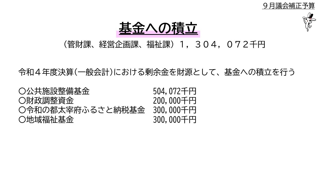 （管財課、経営企画課、福祉課）１３億4百7万２千円、令和4年度決算(一般会計)における剰余金を財源として、基金への積立を行う