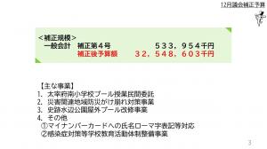 ＜補正規模＞ 一般会計　補正第４号５億３千３百９５万４千円　補正後予算額 ３２５億４千８百６０万３千円