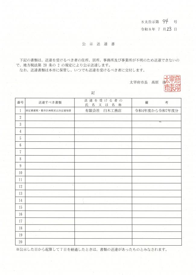 令和8年7月23日告示第94号　令和8年度固定資産税・都市計画税更正決定通知書について