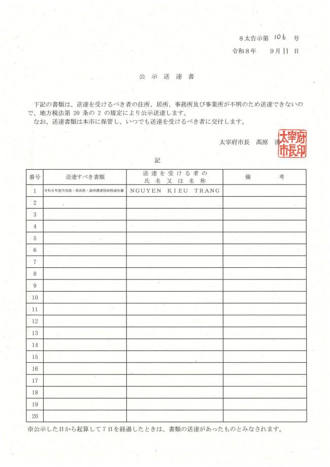 令和8年9月11日告示第106号　令和8年度市民税・県民税・森林環境税納税通知書について